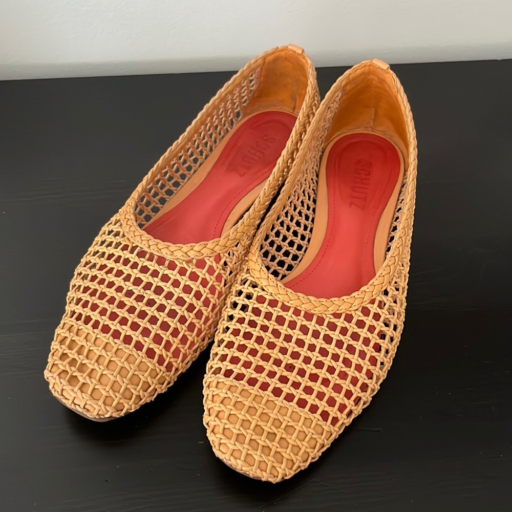 Schutz Leather Mesh Square Toe Flats